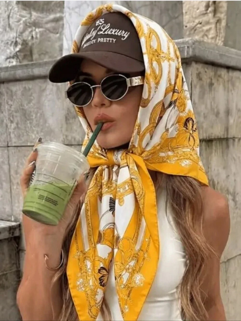 Silk-feel Yellow and White Printed Scarf - Head & Neck Scarf